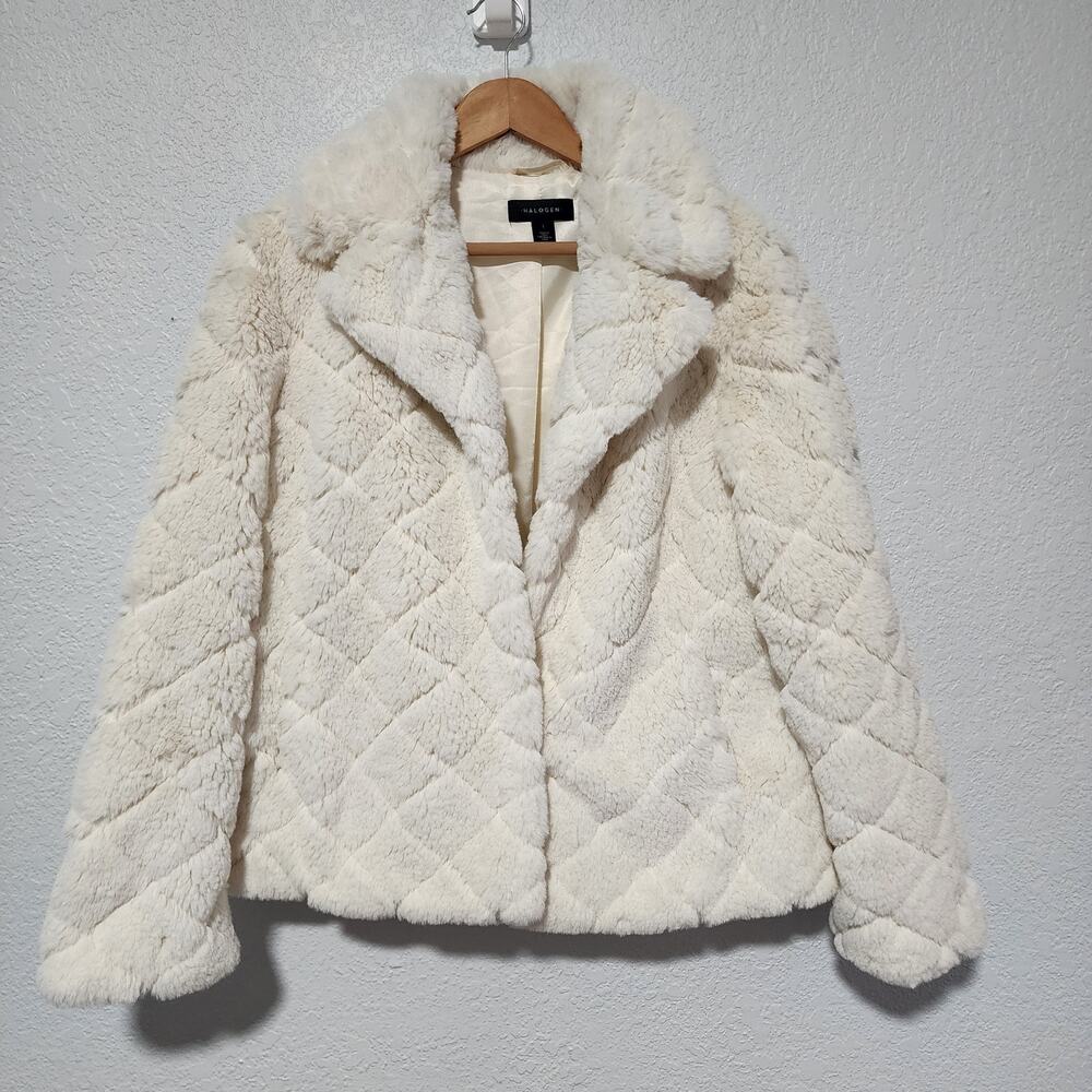 Halogen Cream Quilted Faux Fur Jacket Ivory Plush Collar Large Glam
